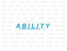 The word ABILITY is boldly centered over action words such as reading, sewing, running..